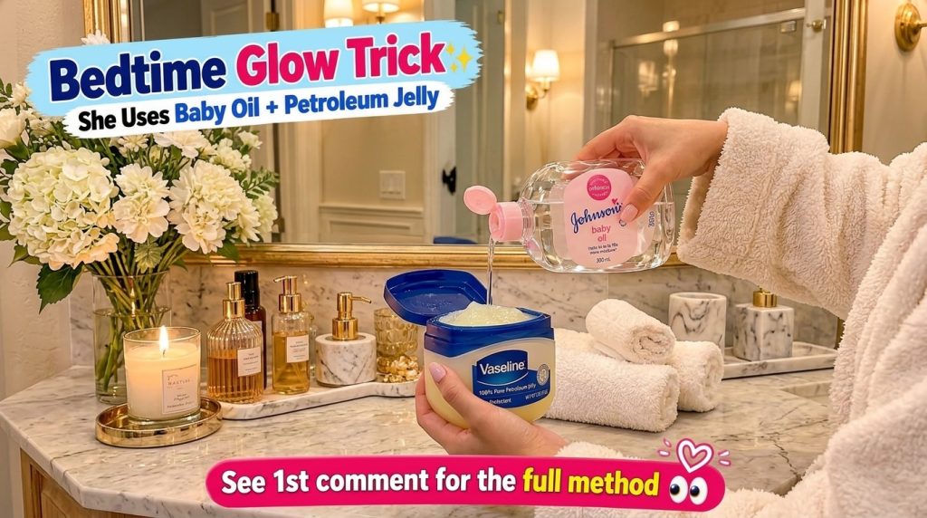 Hands pouring baby oil into a jar of Vaseline petroleum jelly on a bathroom counter with soft lighting a flickering cand