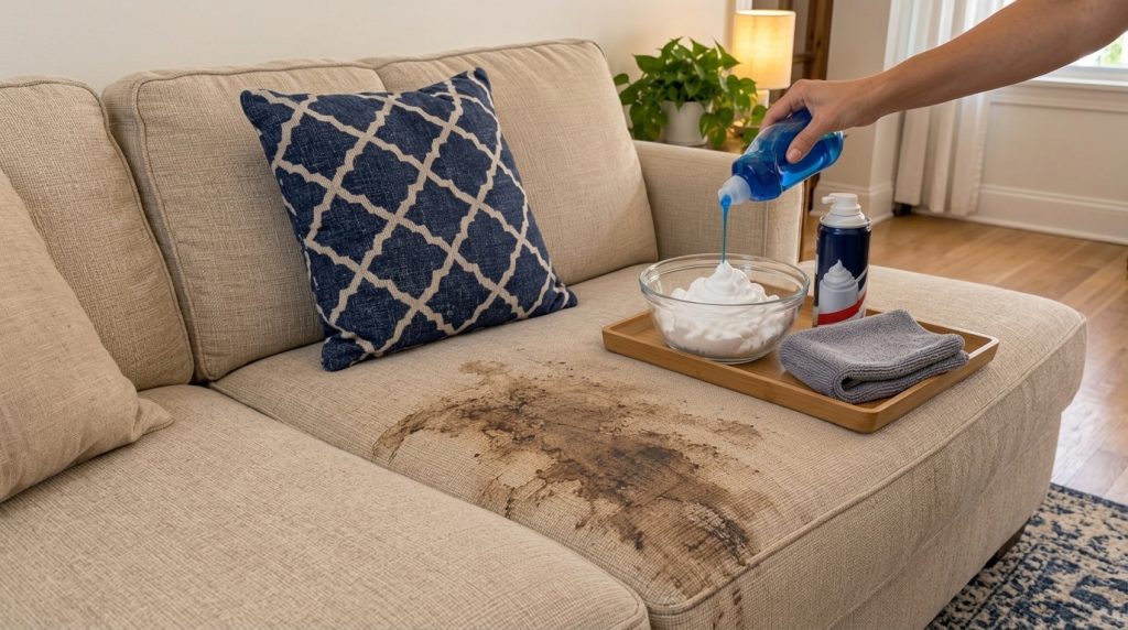 A dirty sofa cushion with a large brown stain next to a bowl where a hand is pouring blue dish soap into white shaving c