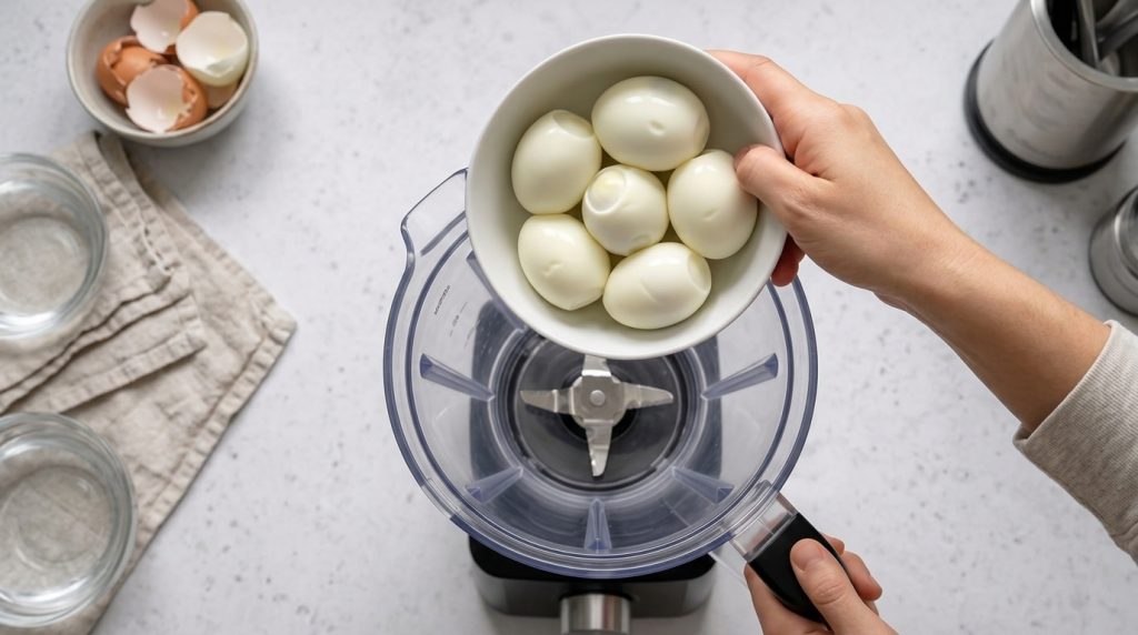 A hand holding a bowl of peeled hard-boiled eggs over a blender ready to be dropped in for making a spread