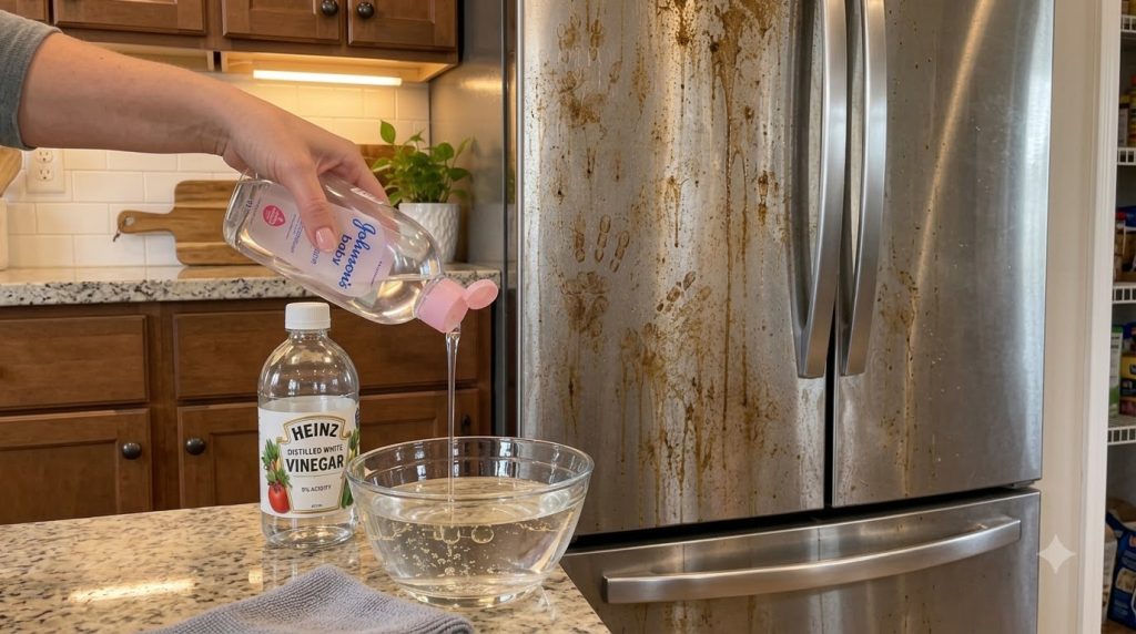 A person s hand pouring clear Johnson s Baby Oil into a glass bowl with white vinegar next to a dirty stainless steel re