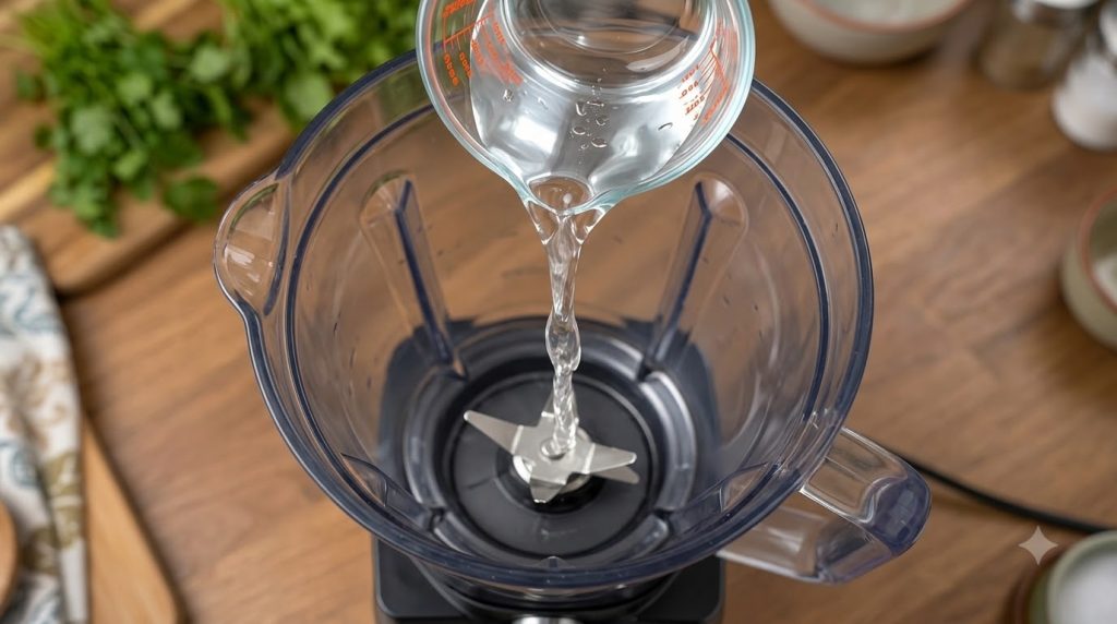 Clear water being poured from a glass measuring cup into a blender with metal blades visible and a subtle background of 