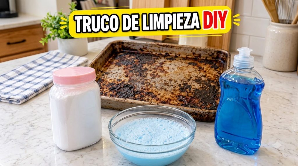 A severely burnt and stained metal baking sheet with ingredients for a DIY cleaning solution baking soda dish soap place