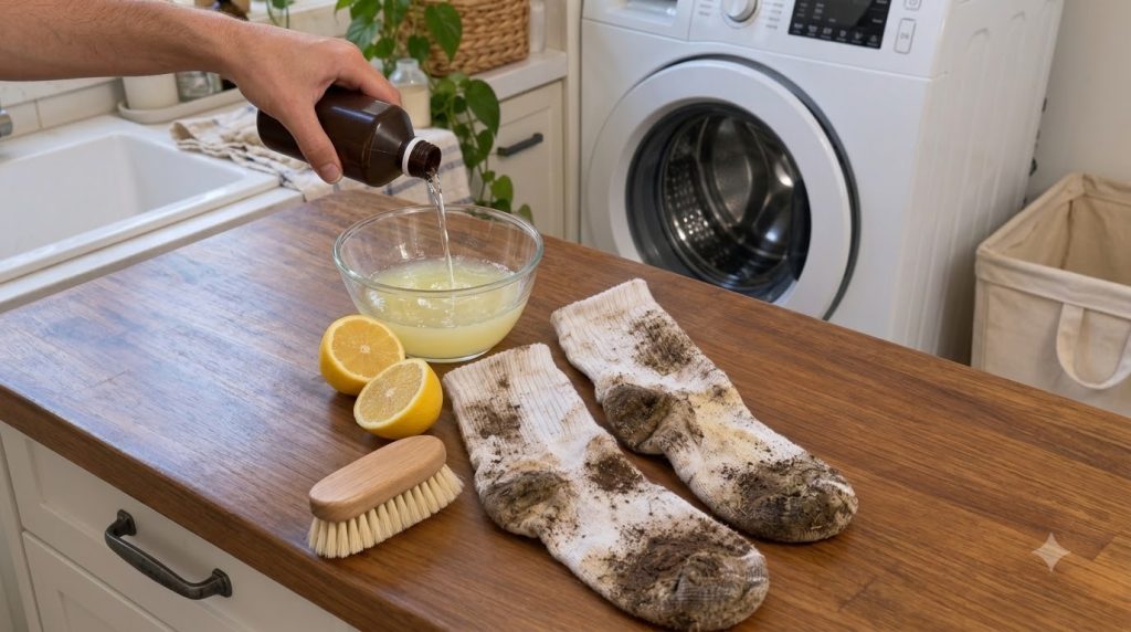 A person is pouring hydrogen peroxide from a bottle into a bowl with lemon halves and dirty white socks on a wooden coun