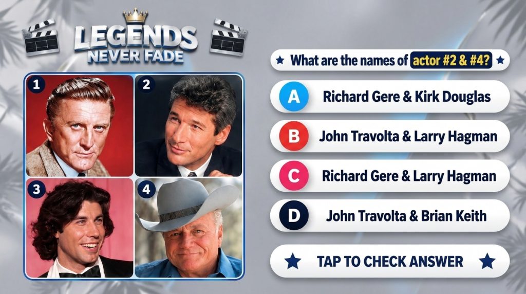 A quiz interface showing four headshots of classic male actors in a 2x2 grid with the question What are the names of act