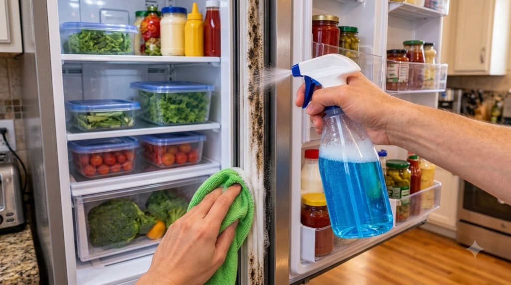 Close-up of hands cleaning a severely moldy and dirty rubber seal of an open refrigerator with a blue foamy cleaning sol