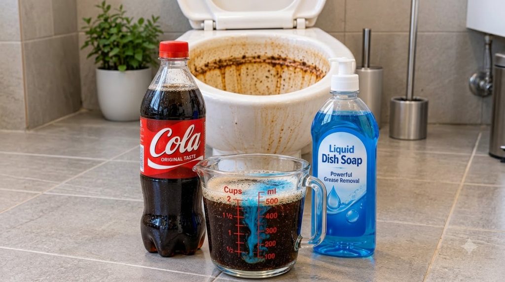 Close-up eye-level view of a severely stained toilet bowl with a bottle of cola blue dish soap and a glass measuring cup