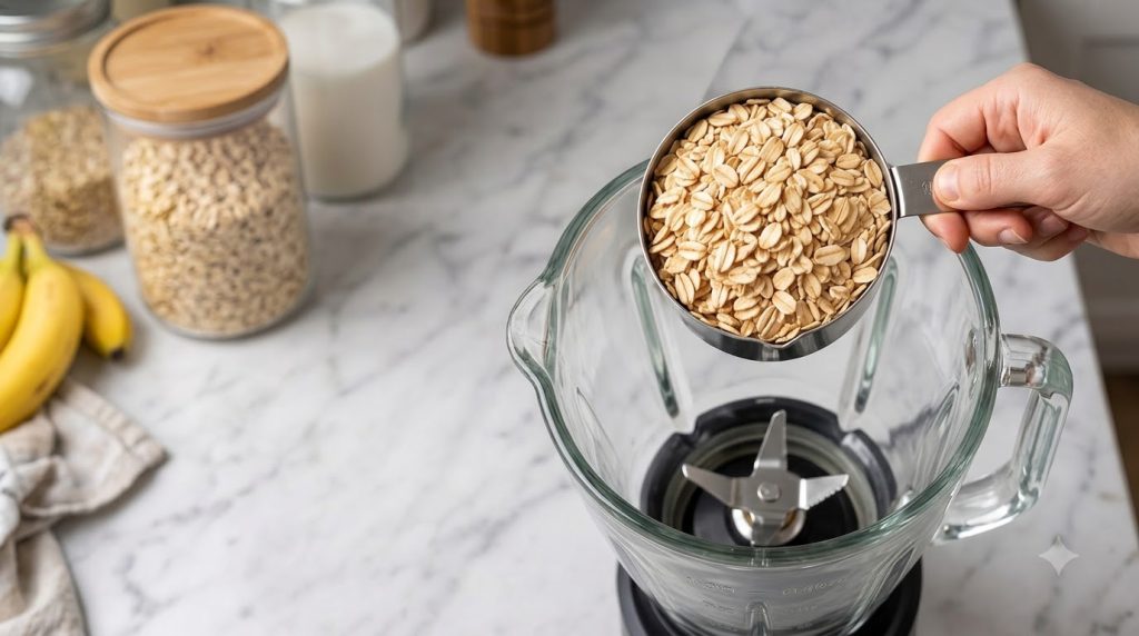 A hand holding a measuring cup of rolled oats above an empty blender preparing a healthy breakfast smoothie