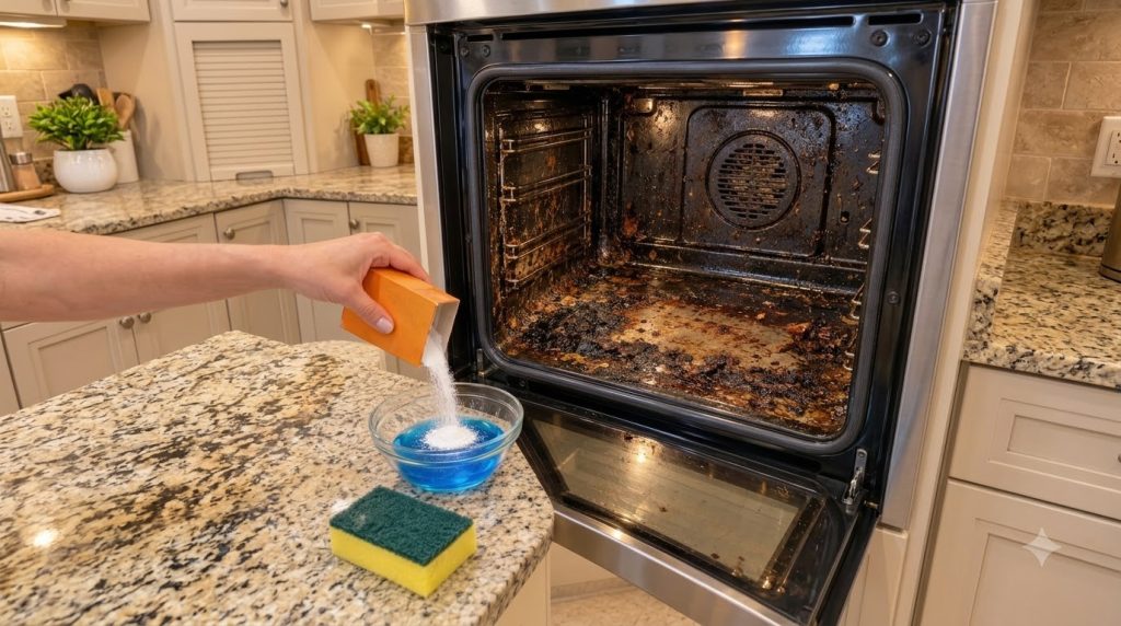 A person s hand pouring white baking soda from an orange box into a clear glass bowl containing blue dish soap next to a