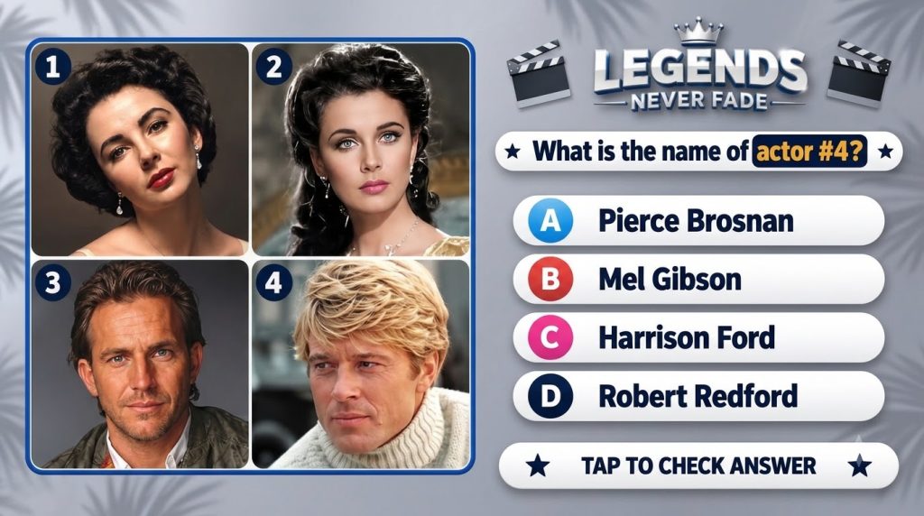 A mobile quiz screen titled LEGENDS NEVER FADE displaying headshots of Elizabeth Taylor Hedy Lamarr Kevin Costner and Ro