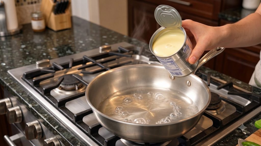 A hand holding an open can of sweetened condensed milk above a stainless steel pot filled with water steaming gently on 