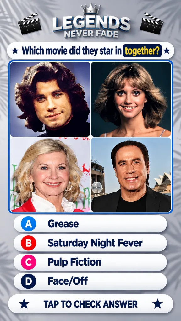 A quiz interface featuring John Travolta and Olivia Newton-John in multiple portraits across different ages with the tit