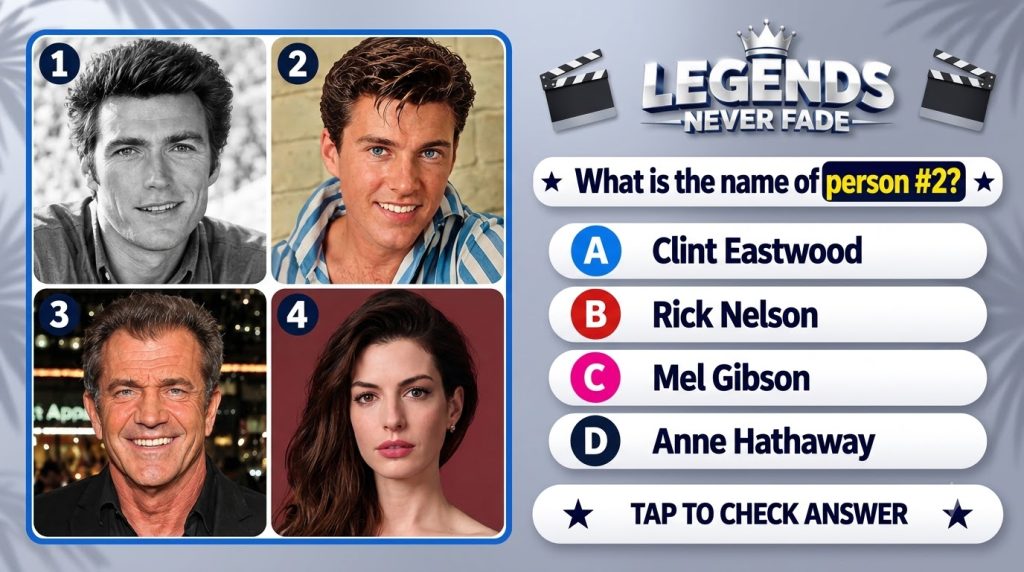 A mobile quiz game interface titled LEGENDS NEVER FADE asking to identify one of four celebrity portraits Clint Eastwood
