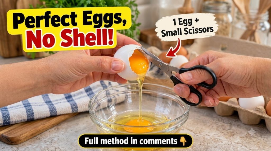 Hands using small kitchen scissors to carefully cut around the top of an eggshell over a clear glass bowl revealing a pe