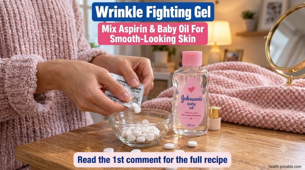 Hands dropping aspirin tablets into a small glass bowl with a bottle of baby oil next to it on a light wooden surface