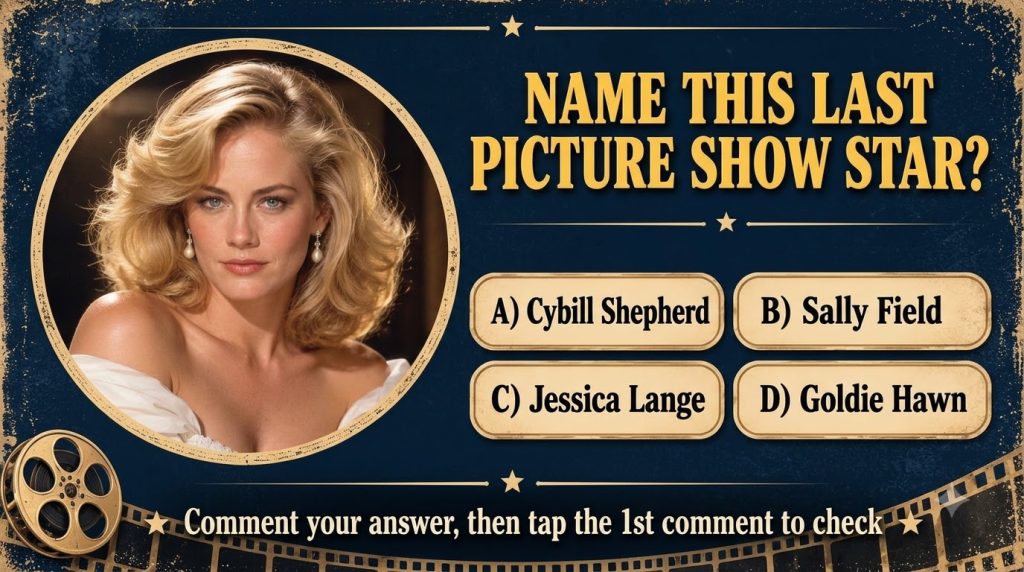 Social media quiz card featuring a circular portrait of a young Cybill Shepherd with blonde hair pearl earrings and a wh
