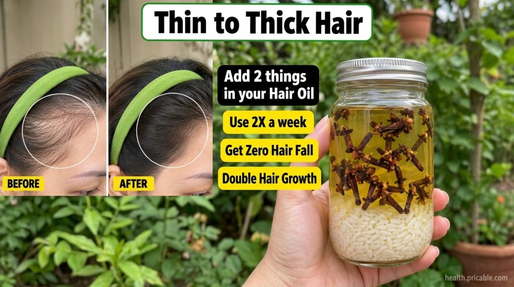 A split-screen before and after showing a person s hairline becoming thicker with a hand holding a mason jar filled with