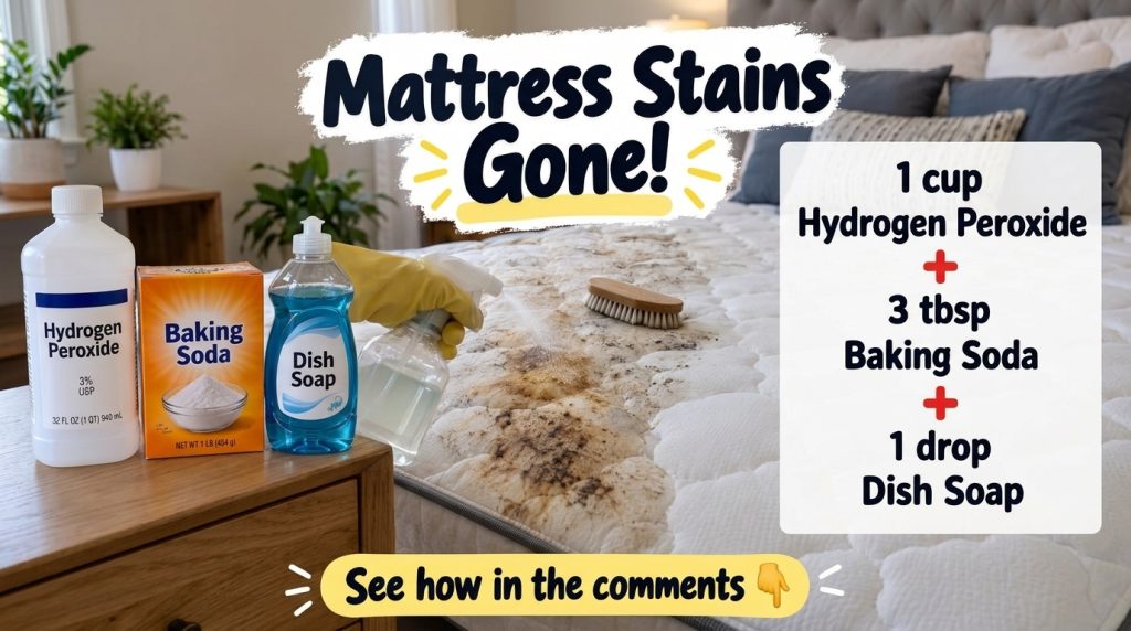 A severely stained white quilted mattress with dark brown yellow and blackish spots showing significant dirt and grime