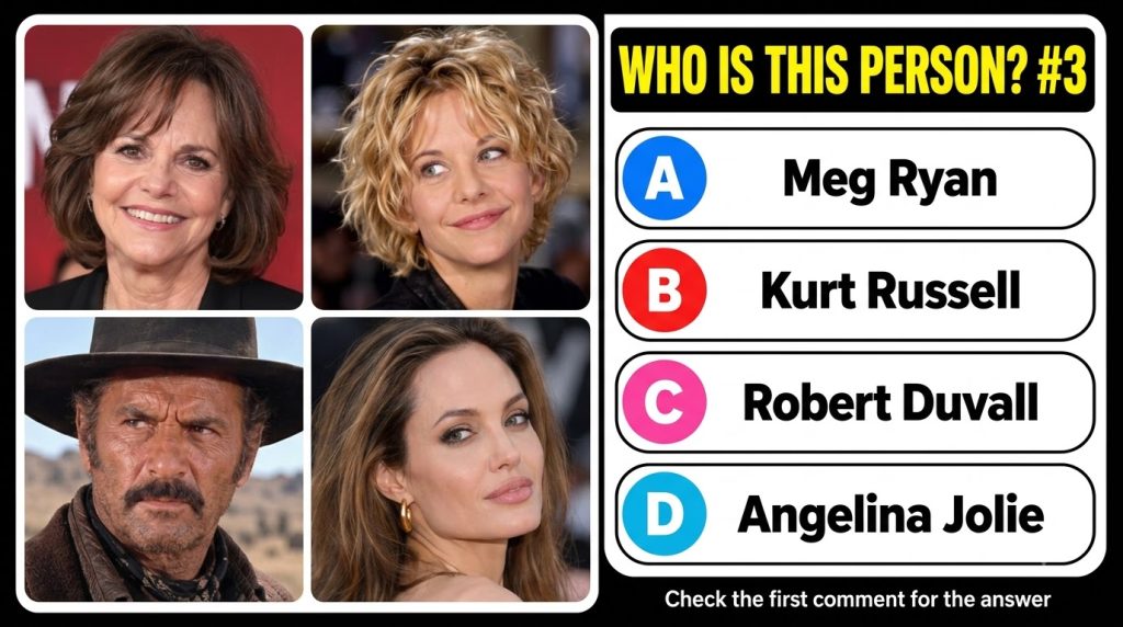 A mobile-optimized quiz card with a black background and a white frame displaying a 2x2 grid of four celebrity headshots