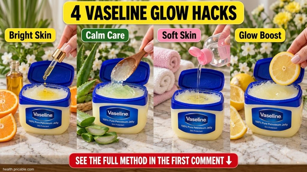 A four-panel grid showing different Vaseline glow hacks Top-left Vaseline mixed with orange and an oil dropper for Brigh