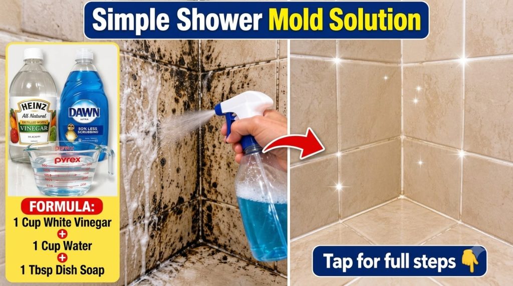 A hand spraying a blue foamy cleaning liquid onto a heavily soiled shower corner with dark grime and mold on light-color