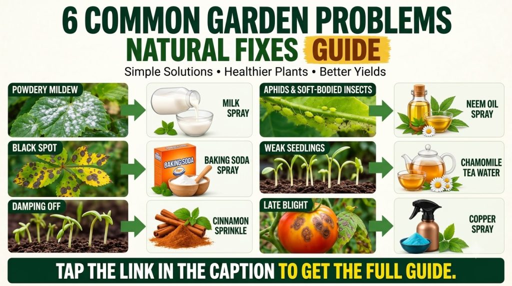 An infographic showing 6 common garden problems and their natural fixes with visuals like diseased leaves weak seedlings