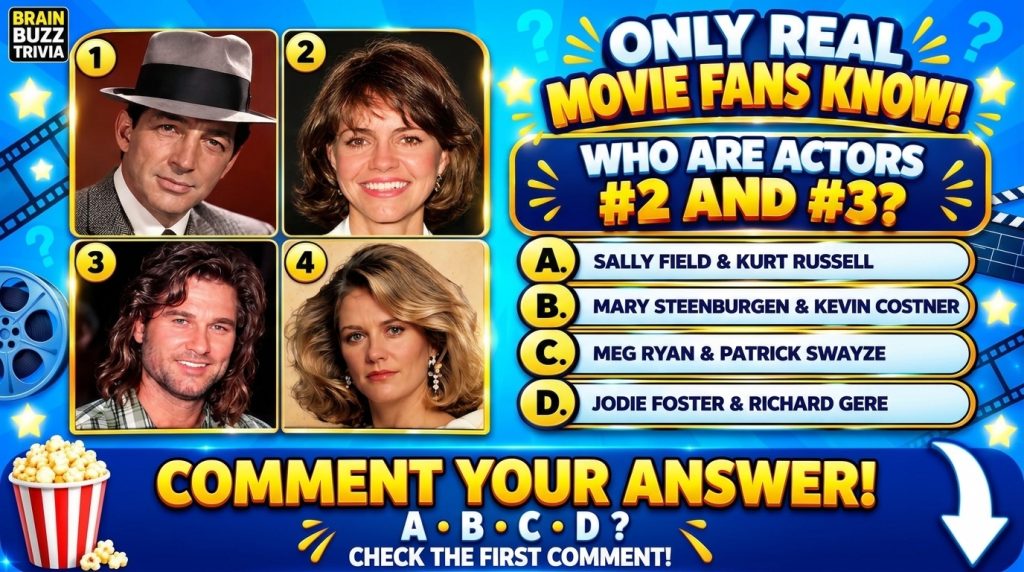 A vibrant blue-themed movie trivia poster with four celebrity headshots in a 2x2 grid featuring text like ONLY REAL MOVI