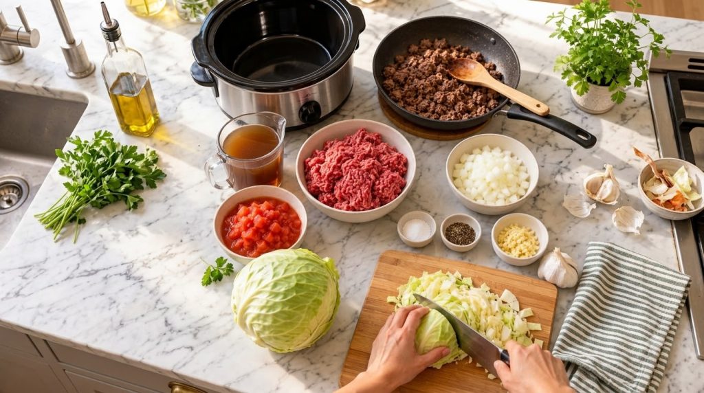 A delicious bowl of Easy Slow Cooker Cabbage Roll Stew garnished with fresh parsley