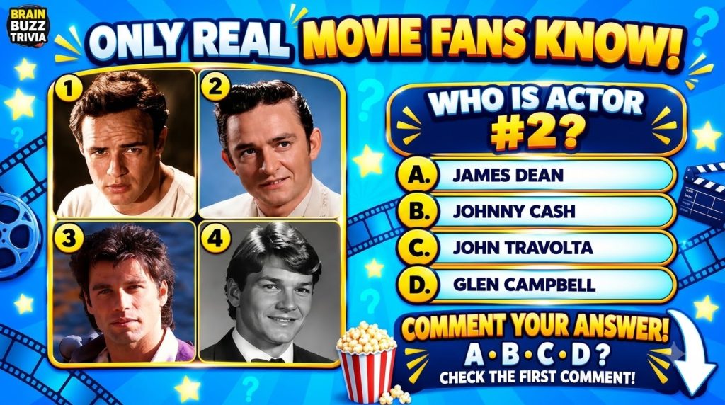 A vibrant and stylized trivia quiz poster featuring four framed portraits of classic Hollywood actors with film strip el