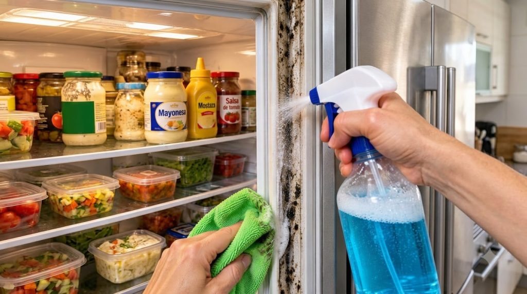 A person s hands cleaning a heavily soiled refrigerator door gasket with a spray bottle and a green microfiber cloth The