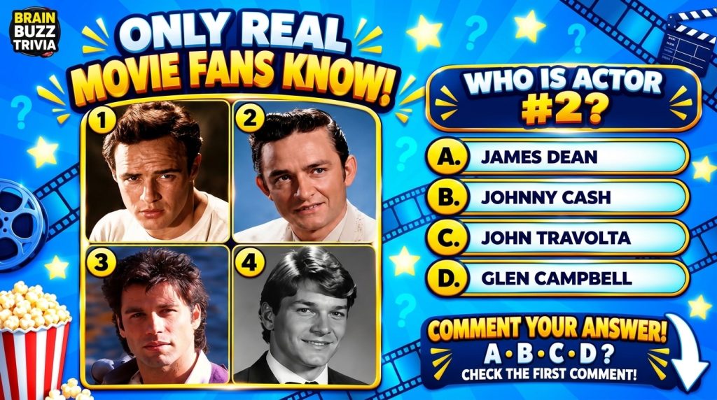 A vibrant blue quiz graphic with the title ONLY REAL MOVIE FANS KNOW and a question WHO IS ACTOR 2 featuring four classi