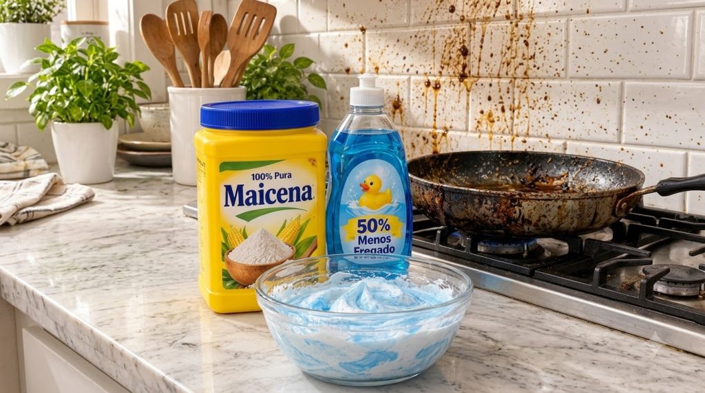 A close-up eye-level view of a kitchen counter with ingredients for a DIY cleaning solution A clear glass bowl contains
