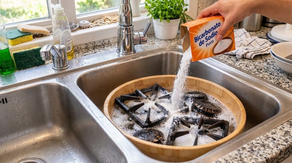 A close-up high-angle view of a hand pouring white granular baking soda from an orange and white Arm Hammer box into a l