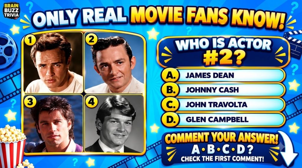 A vertical quiz graphic titled ONLY REAL MOVIE FANS KNOW featuring four framed portraits of classic male figures with Ac
