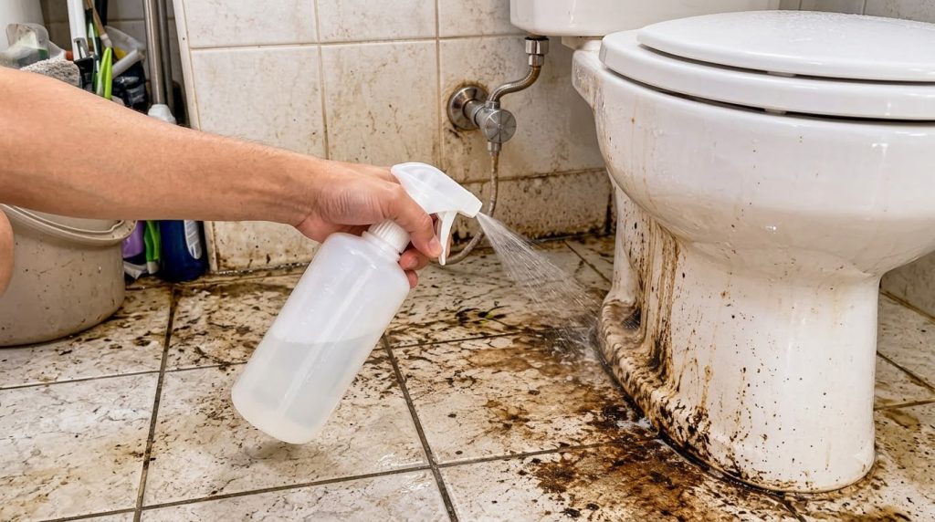 A close-up downward-angled view of a hand holding a white translucent spray bottle actively spraying liquid onto a heavi
