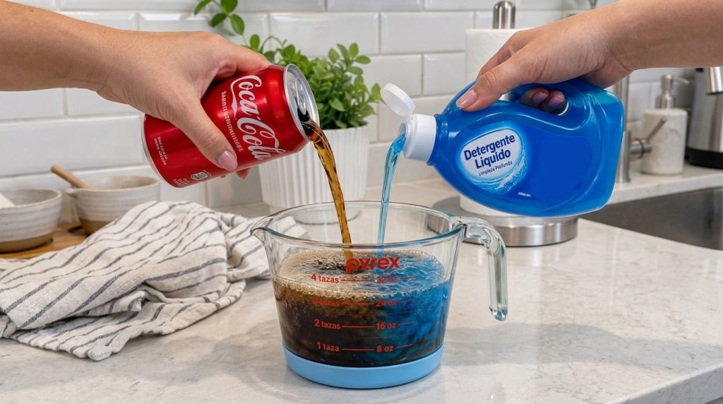 Two hands pouring Coca-Cola and blue dish soap into a clear glass measuring cup on a kitchen counter
