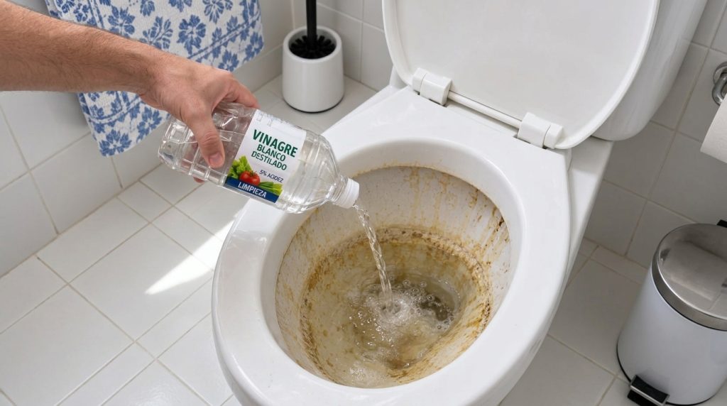 Una mano vertiendo vinagre blanco directamente de una botella en un inodoro sucio con manchas amarillentas y depósitos d