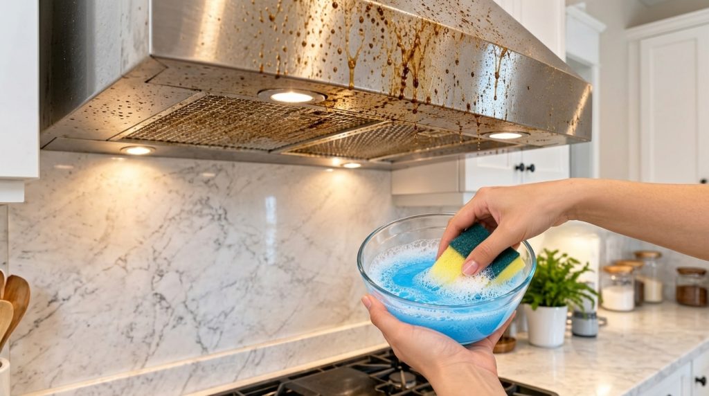 Hands dipping a sponge into a foamy cleaning solution with a severely grease-splattered stainless steel range hood in th