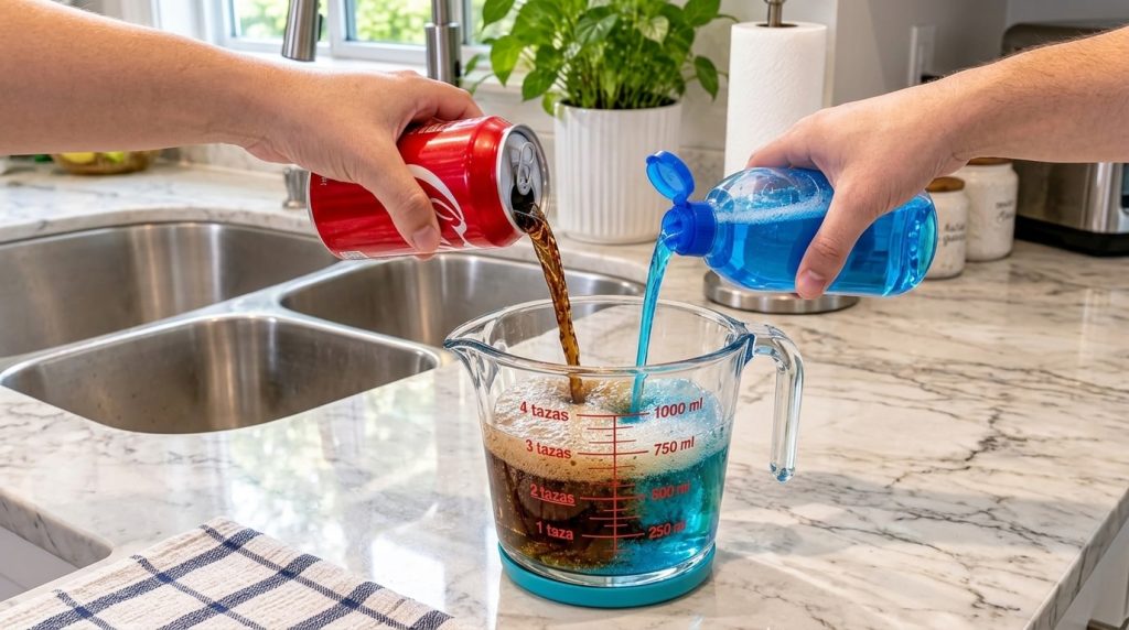 Two hands are pouring Coca-Cola and dish soap into a measuring cup on a kitchen counter