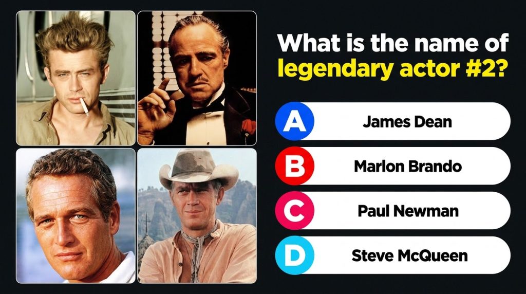 A four-panel quiz image showing headshots of four legendary actors James Dean Marlon Brando Paul Newman and Steve McQuee