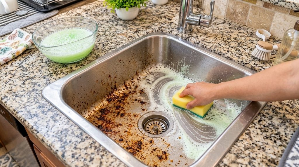 A hand wearing a glove actively scrubbing a stainless steel kitchen sink with a bright yellow sponge and a light green f