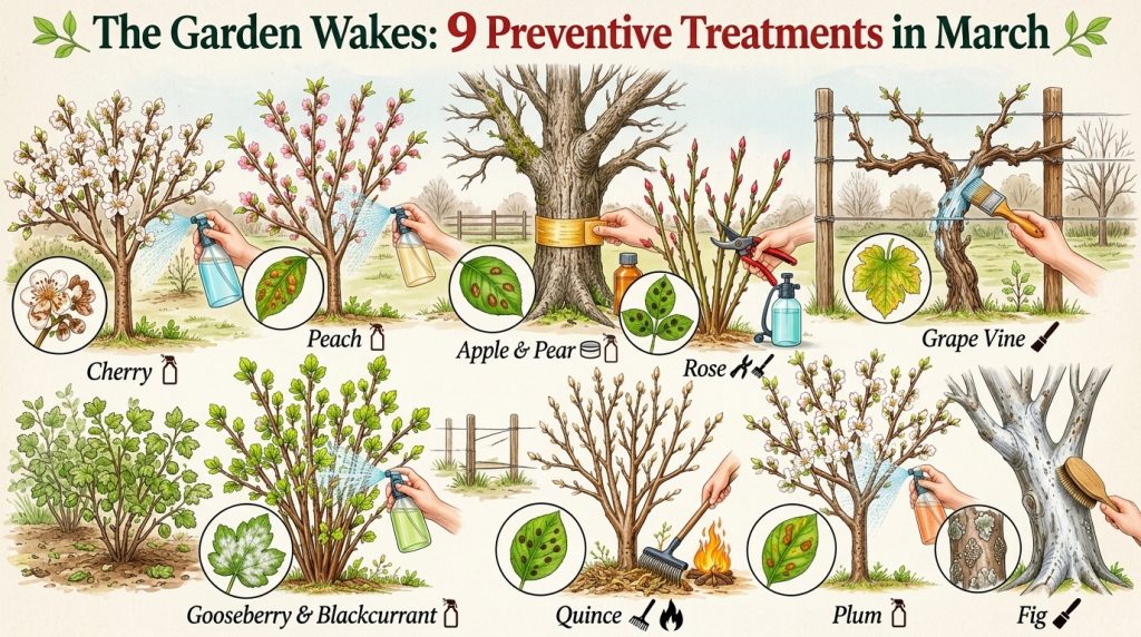 An infographic titled The Garden Wakes 9 Preventive Treatments in March showing different plants like peach apple grape 