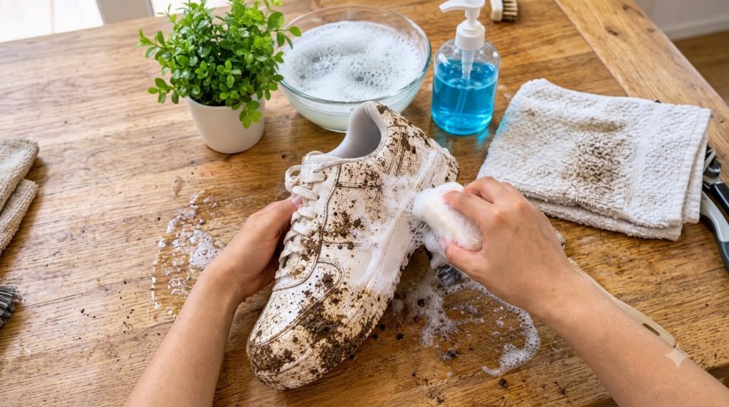 Close-up of hands actively scrubbing a dirty white sneaker on a wooden table with a foamy cleaning tool A clear bowl wit