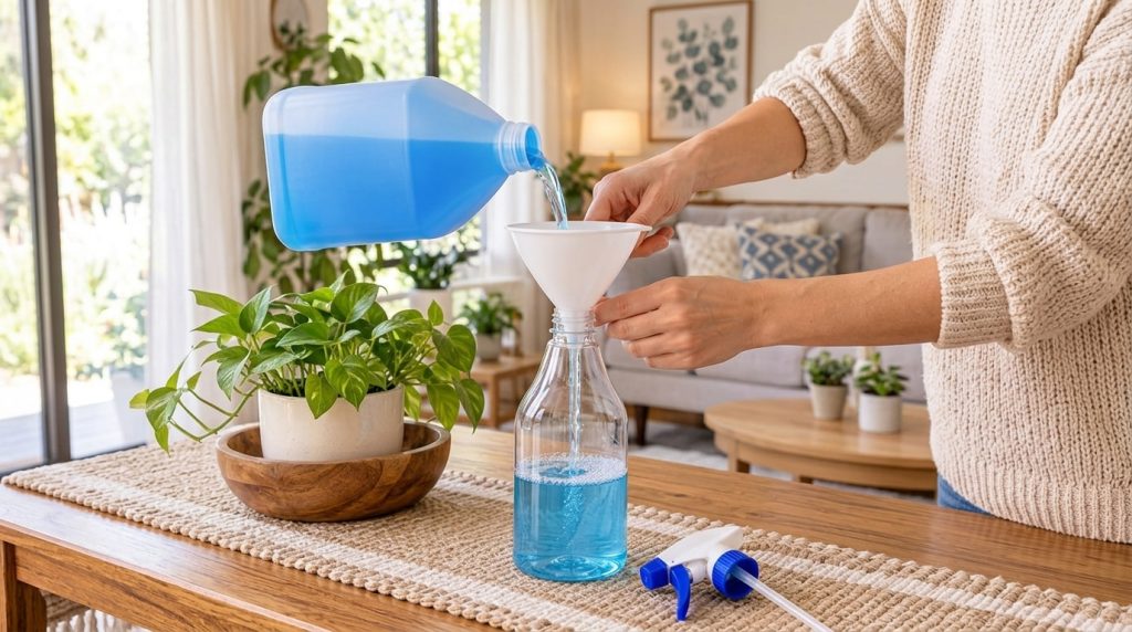 person s hands pouring a light blue liquid from a large plastic bottle through a white funnel into a clear spray bottle