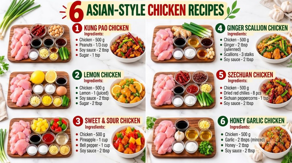 A vibrant overhead shot displaying six different Asian-style chicken dishes each paired with its raw ingredients on a wo