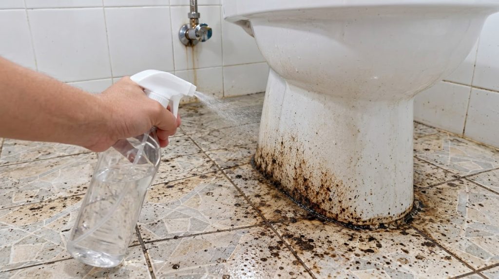 Mano rociando limpiador sobre la base de un inodoro y baldosas de baño muy sucias