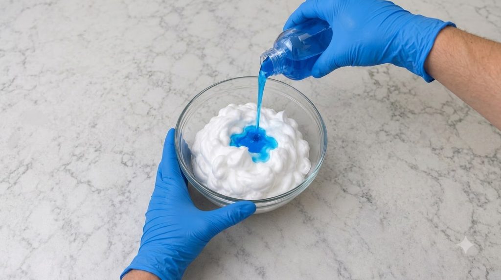 Person wearing blue gloves pouring blue liquid soap into a glass bowl with white shaving cream foam on a light grey marb
