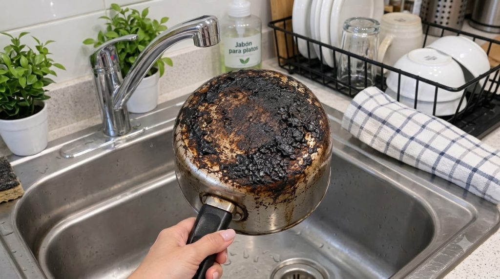Close-up of the underside of a heavily burnt metal pot held by a hand over a clean stainless steel kitchen sink The pot 