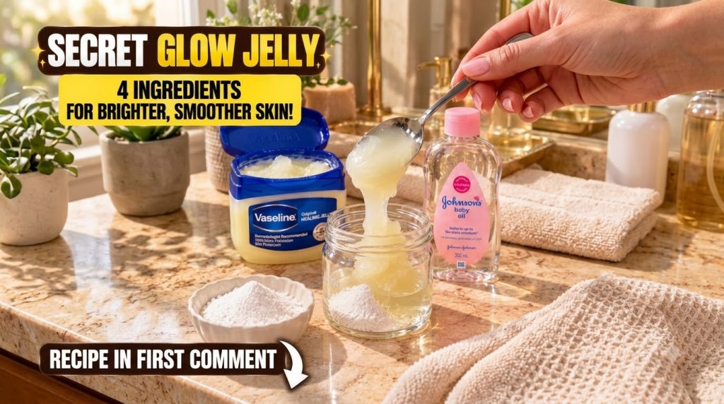 Ingredients for a homemade beauty recipe a spoon lifting light-yellow jelly from a clear jar an open tub of Vaseline a b