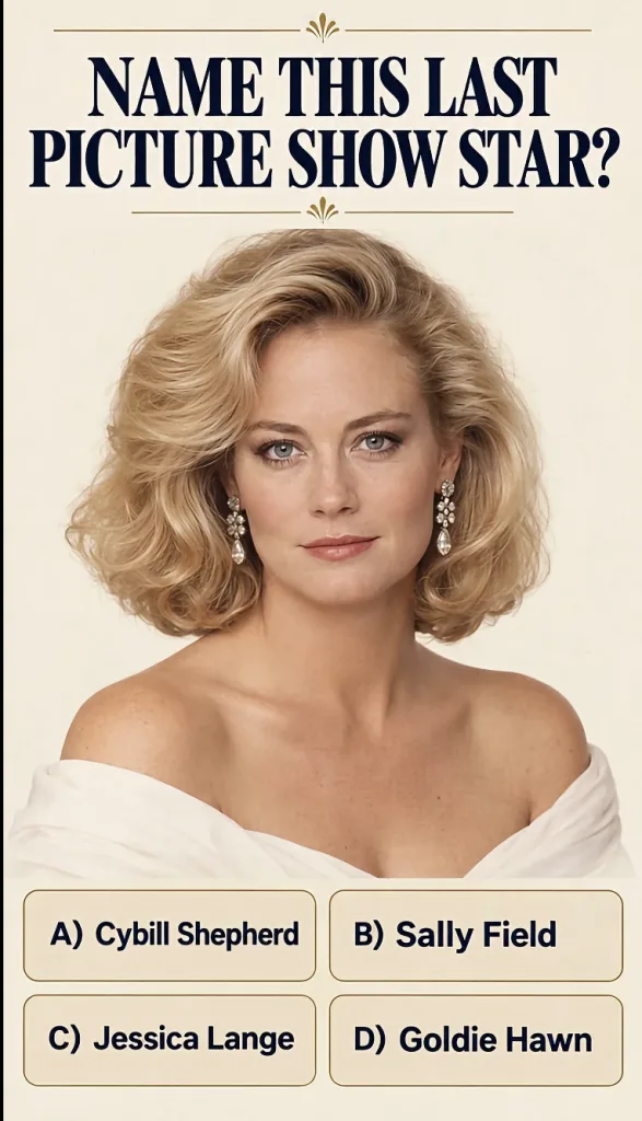 Quiz graphic asking NAME THIS LAST PICTURE SHOW STAR with a classic portrait of Cybill Shepherd and options A Cybill She