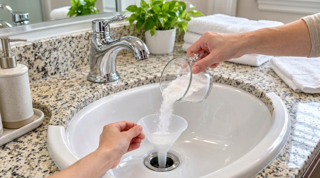 A close-up top-down view of white baking soda being poured from a glass measuring cup through a translucent funnel into